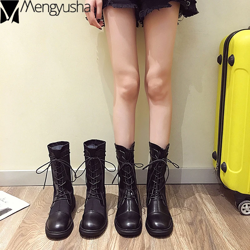 Зимние рыцарские ботинки криперы с перекрестной шнуровкой мотоциклетные на