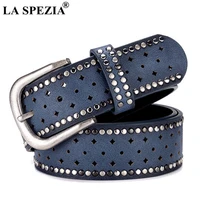 la spezia pu leather belt women rivet pin buckle belts for trousers female navy designer brand hollow rivet leather ladies belt