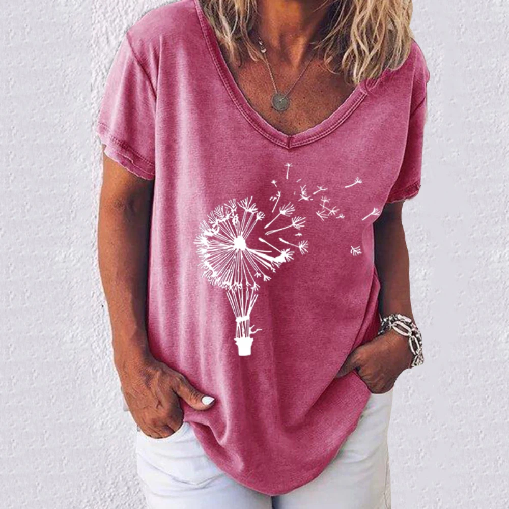 

Plus Size 2020 Summer Women Dandelion Printed Short Sleeve V-Neck Casual Tops T-shirts Loose Tee Tunic