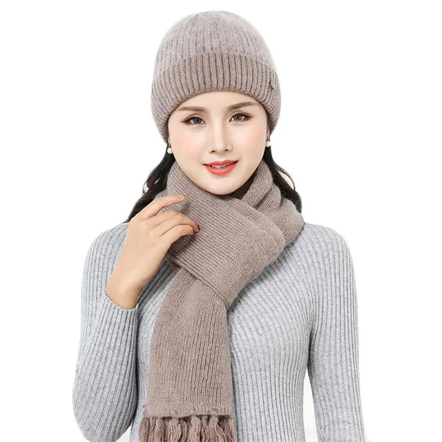 khaki set 1 Новая зимняя женская шапка из кроличьего меха, шарф, набор, теплая шерстяная вязанная плюшевая наборы шарф шапка, вязаная шапка, шапка для мамы, подарки, твист, флисовая шаль - Цвет: khaki set 1