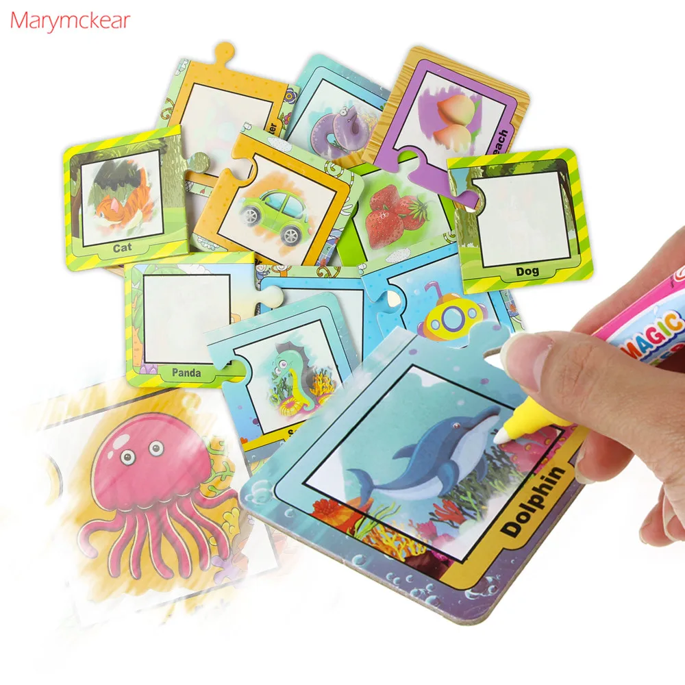 Magic Water Flash Card with Pen 8 pcs with 16 images Puzzle Jigsaw Early Learning Drawing Cards Graffiti Toys Chirldren Gift