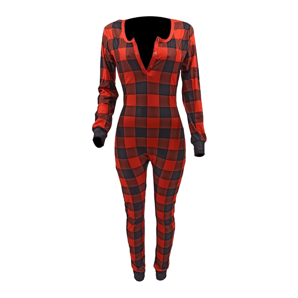 

Casual Pajamas Jumpersuit Women Plaid Bodycon Jumpsuit Long Sleeve 1 Piece Romper Wholesale Lounge Home Wear Outfit Dropshipping
