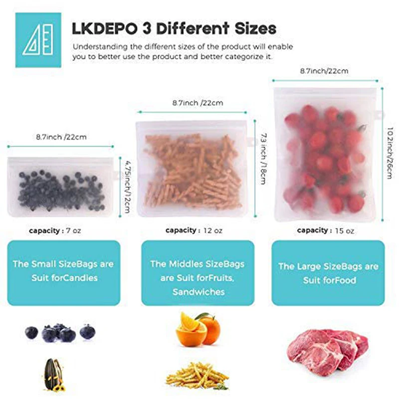 

VKTECH 10Pcs PEVA Silicone Food Storage Bag Reusable Freezer Bag Leakproof Top Zip Lock Bags Kitchen Organizer Fresh-keeping Bag