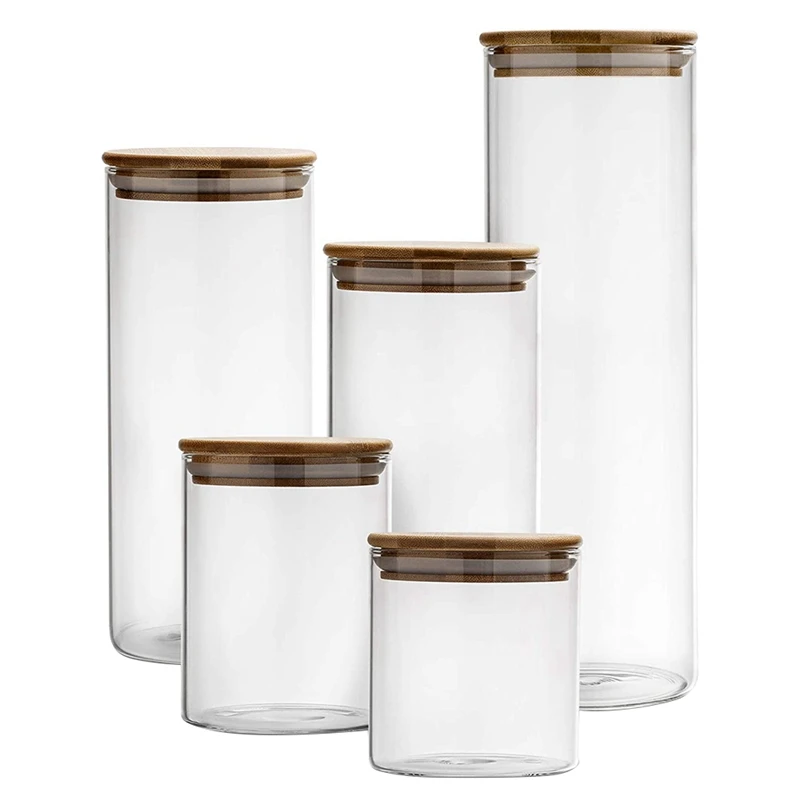 

5 шт. стеклянные кухонные канистры с герметичной бамбуковой крышкой, контейнер для хранения продуктов для муки, сахара, кофе, печенья, конфет