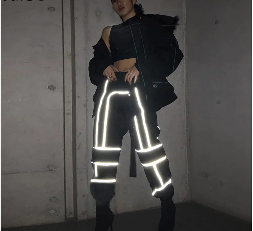 Женские Модные уличные Светоотражающие лоскутные брюки карго Новое поступление