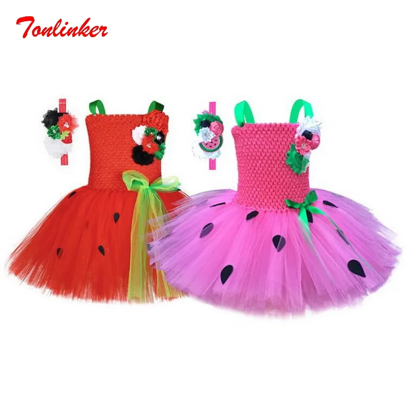 Tonlinker Strawberry Princess Girls Tutu Tulle Dress Kids Watermelon Candy Party Dress birthday costume red cosplay Skirts