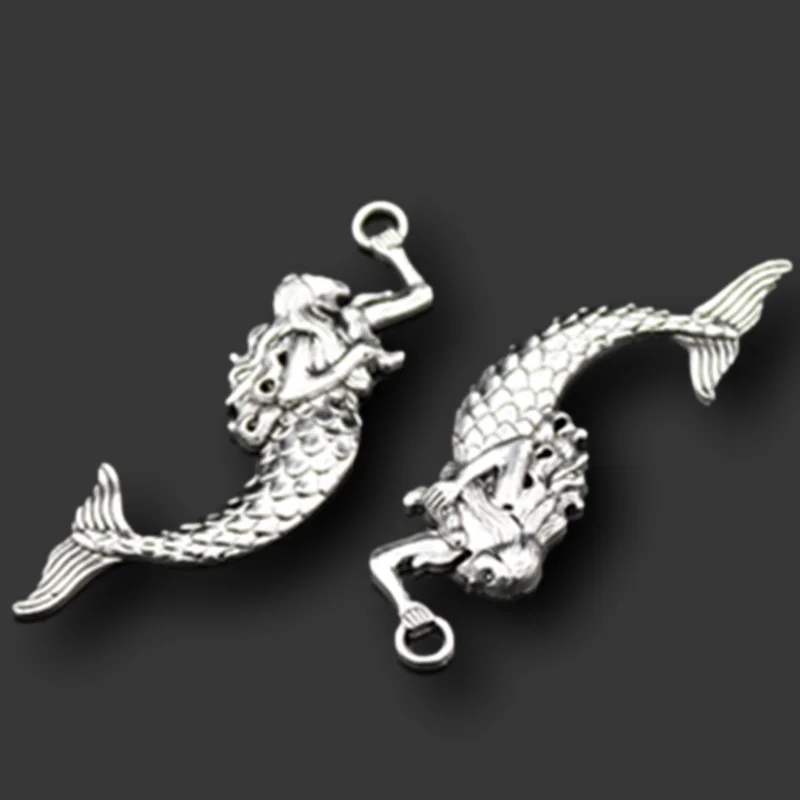 

4pcs Silver Plated Large Mermaid Pendant Retro Necklace Earrings Metal Accessories DIY Charms For Jewelry Crafts Making A617