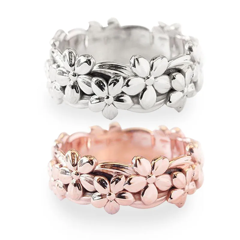 

Ofertas Ladies Fashion Silver Color Rose Gold Color Plum Simple Flower Plants Female Rings for Women Party Wedding Engagement