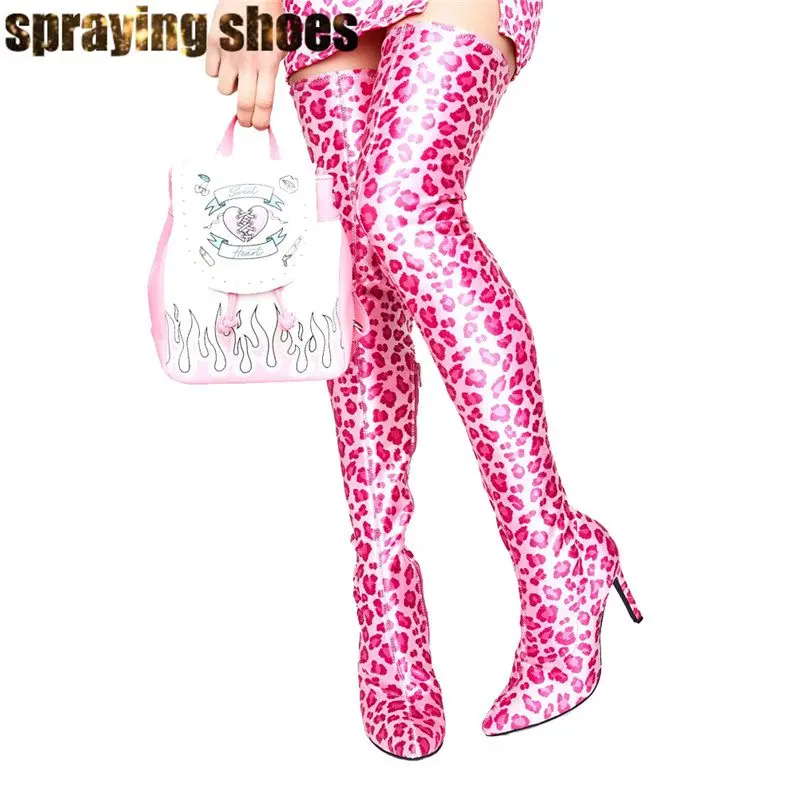 Розовый Леопардовый принт облегающие высокие сапоги женская обувь на высоком
