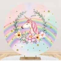 laeacco cartoon unicorn rainbow round backdrop baby shower bithday poster flower gold star portrait customized photo backgrounds