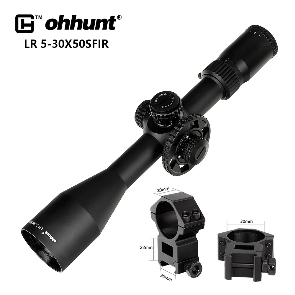 High Picatinny Rings Ohhunt LR 5-30x50 SFIR Охотничий прицел Тактическое стекло Травленая прицельная сетка Красная подсветка Боковые параллаксные турели Блокировка сброса Прицел - Цвет: High Picatinny Rings