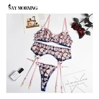 say morning floral sexy lingerie underwear set underwire sensual lingerie woman set woman 3 pieces lace brief sets erotic linger
