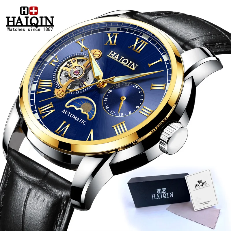 Gold Blue HAIQIN водонепроницаемые мужские часы с скелетом из нержавеющей стали, роскошные брендовые прозрачные механические Спортивные мужские наручные часы - Цвет: Gold Blue