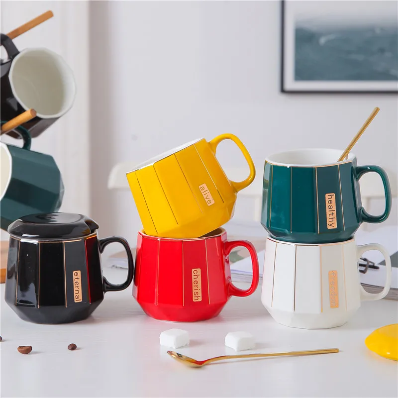

HS Nordic Simple line diamonds Couple Mugs With Spoon Creative Ceramic Coffee Mug Fashion Coffee Cup