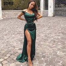 LORIE Green Off The Shoulder Evening Dresses Deep V-Neck Sleeveless Zipper Back A-Line Side Slit Silk Satin Prom Dresses (4)