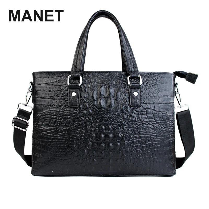 

MANET Luxury 100% Cow Genuine Leather Business Men's Briefcase Male Shoulder Bag Alligator Messenger Bag Tote Computer Handbag