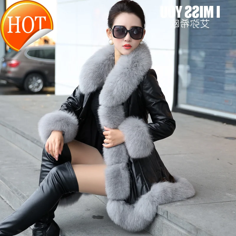 

Женский кожаный пуховик из лисьего меха, пальто средней длины, приталенное, зимнее