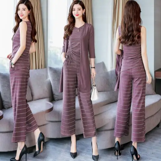 Осенний полосатый комплект из 3 предметов женский жилет кардиган и широкие брюки