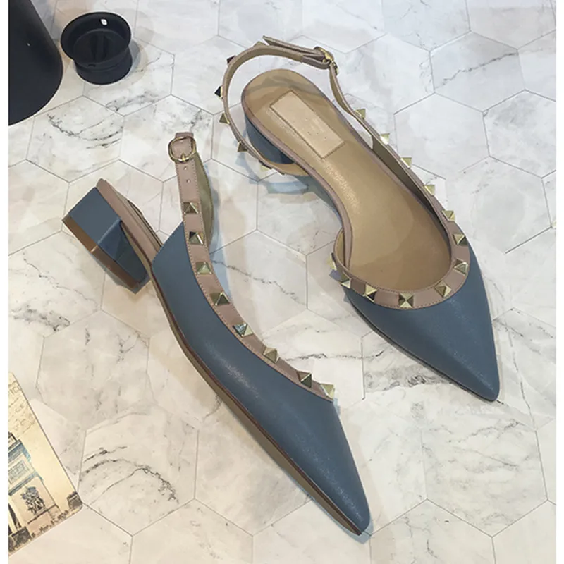 

Fashion Rivet Women's Shoes Pointed Toe Mid Heel Sandals Women Summer Patent Leather Color Matching High Heels Ladies Dress Shoe