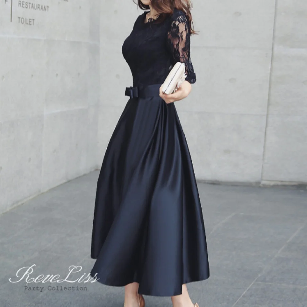 

Dark Blue Women Dresses 2021 Patchwork Lace Summer Female A Line Maxi Dress Korean Robe Workwear Lady Elegant Office Vestiods