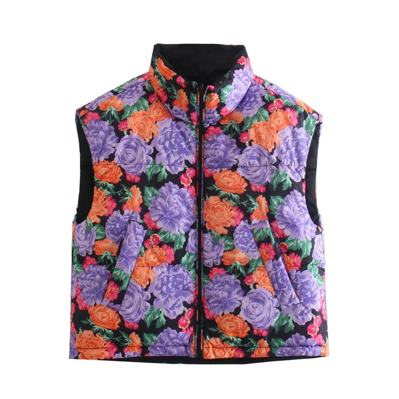 

ZXQJ Women Both Sides Print Parka Vest 2021 Autumn Winter Fashion Ladies Thick Puffer Sleeveless Jacket Female Solid Outerwear