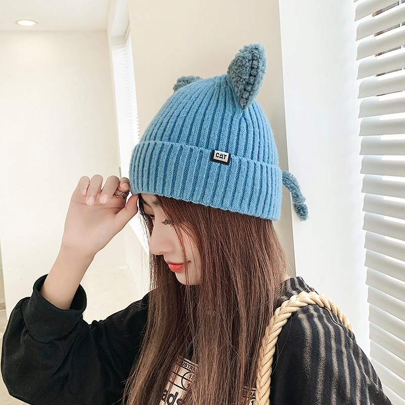 

Cute Hat With Ears Warm Cap Female Knitted Winter Cat Skullies Hat Woman 2022 Outdoor Beanies Hat Panama Lady Hats