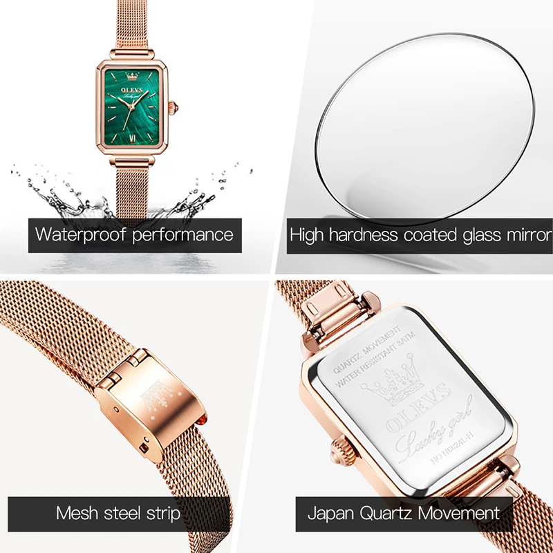 OLEVS Women Watch Fashion Square Women Quartz Watch Green Dial Simple Rose Gold Mesh Strap Luxury Womens Watches Waterproof 6624