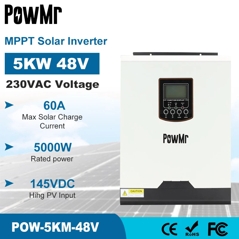 

PowMr 5KVA 5000W солнечный гибридный инвертор 48V 220V MPPT 60A Чистая синусоида Инвертор от сетки 50HZ 60HZ Авто Макс 145V 3000W PV вход