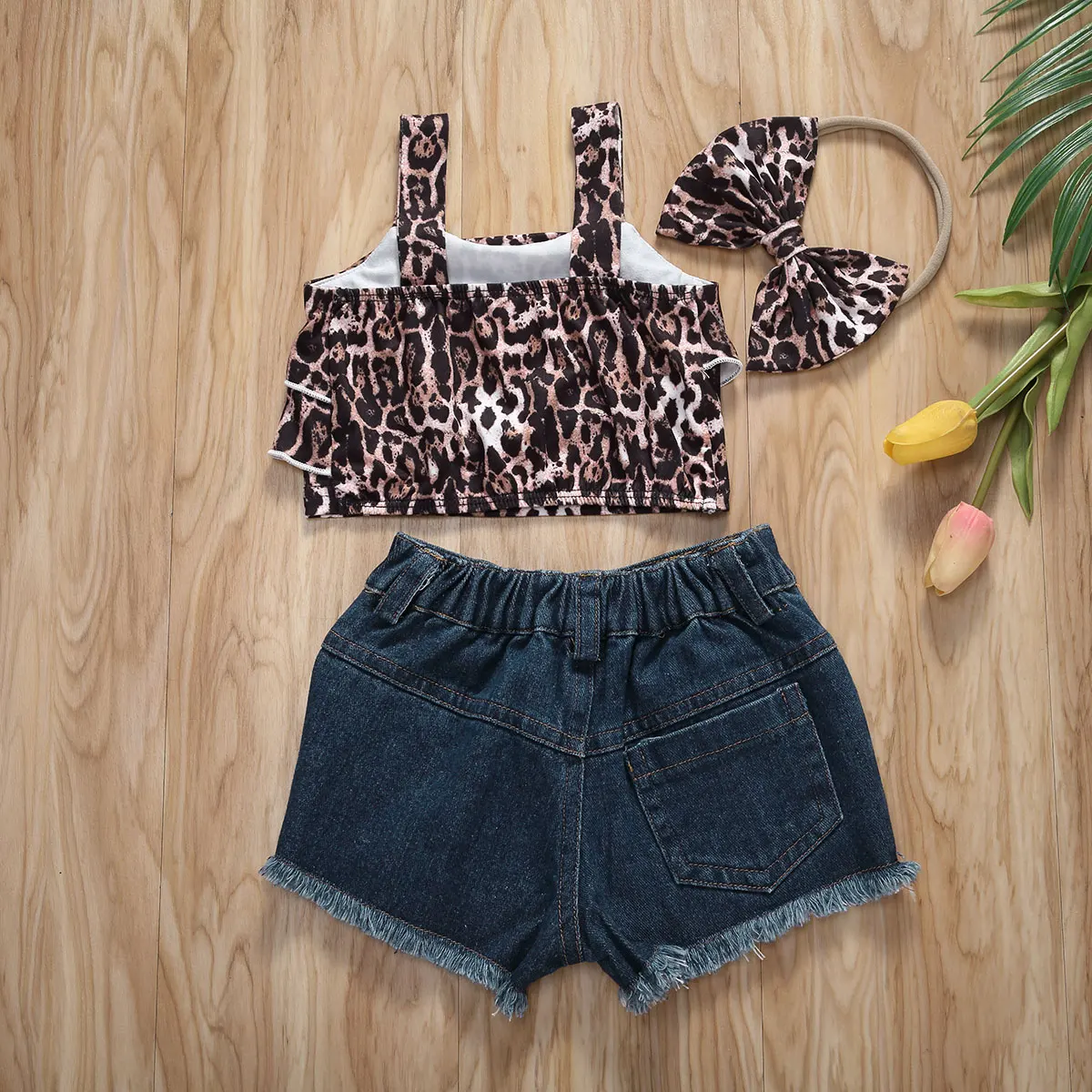 

New Kids Girls Summer Top Shorts 3-Piece Suit Leopard Short Sleeve Pleated Vest Blue Jeans Side Pockets