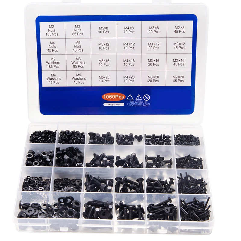 

1060pcs M2 M3 M4 M5 Hex Socket Screw Set Carbon Steel Flat Round Cap Head Screws Bolts and Nuts Assortment Kit with Storage Box