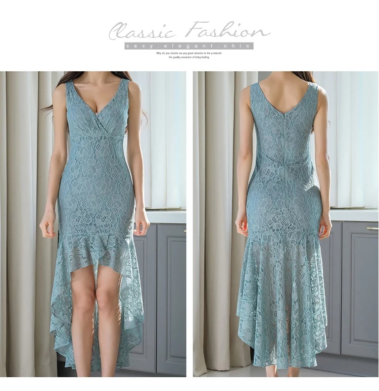 

Elegant Flower Sexy V-neck Sleeveless Dress Women's Summer Patchwork Dress Mermaid Lace irregular Party Dress Office Clothing