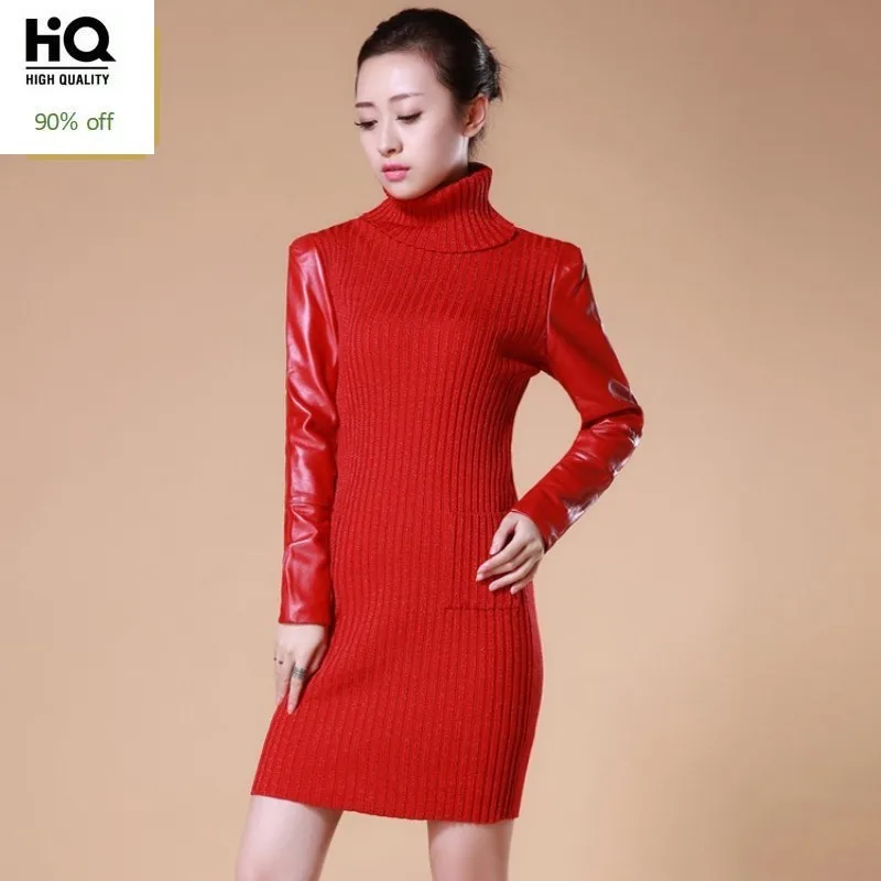 Women Winter Bodycon Knitted Dress Turtleneck Genuine Leather Patchwork Long Sleeve Dresses Elastic Knitwear Wrap Slim Fit | Женская