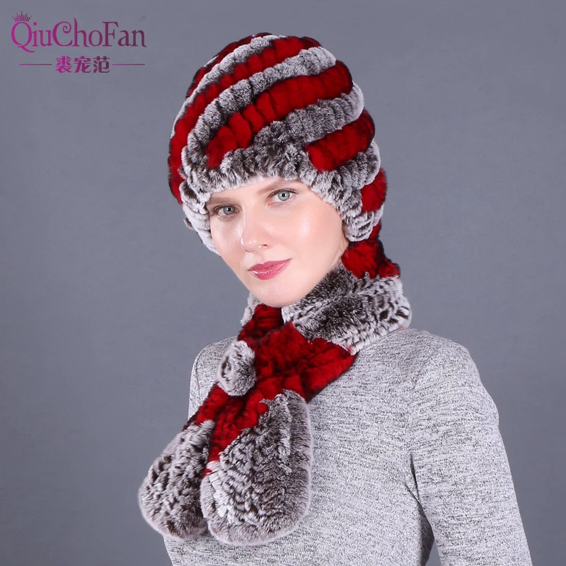 

Женская шапка и шарф из натурального меха кролика Рекс, зимняя вязаная шапка и шарф ручной работы, брендовые модные теплые шапки из натураль...