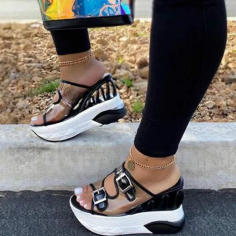 

Summer 2020 Fashion Women Wedge Belt Buckle High Heel Large Size PVC Outdoor Yellow Casual Sandals Candy-colored Travel Slippers
