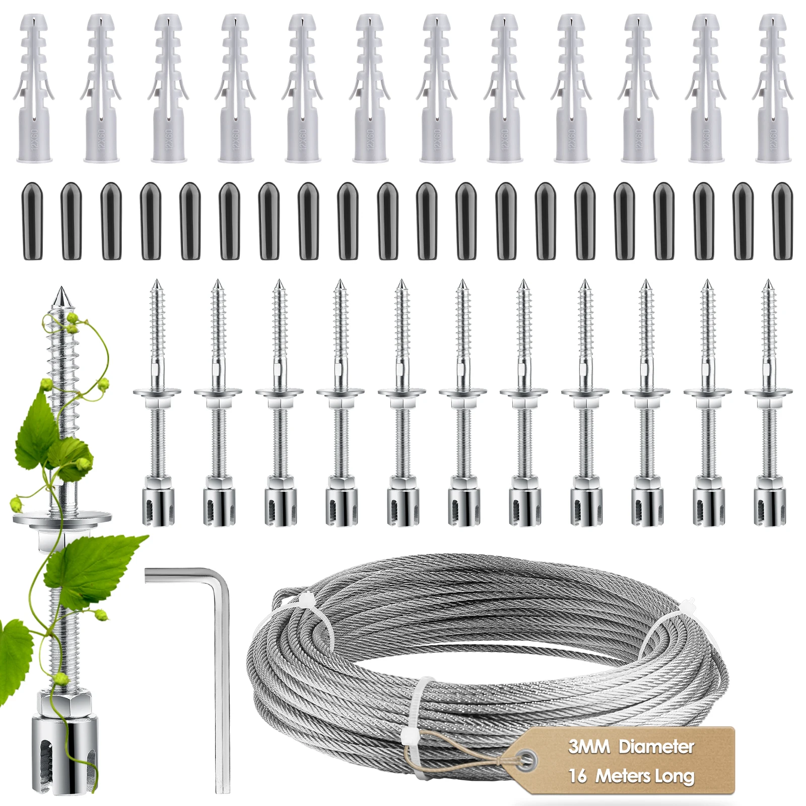 

Plant Climbing Green Wall Mesh Professional Trellis Wire Mesh Fence Plants Anchoring Aid 8 Halter 10/16 M Rope Kit