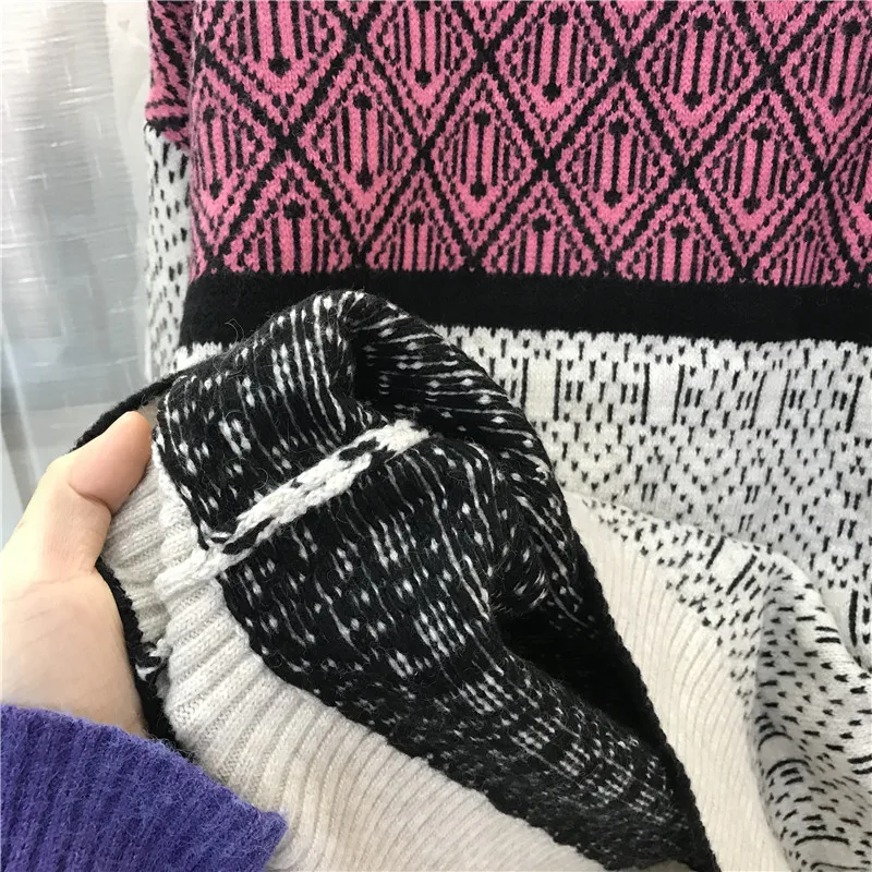 

Autumn Winter Vintage Women Sweater Harajuku Fashion Knitted Pullover Sweater Casual Loose Contrast Jacquard Knitted Sweater