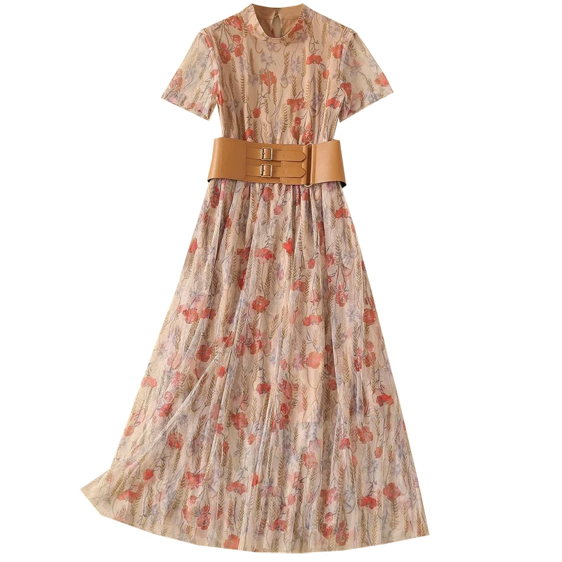 

French elegant summer 2021 fashion model show new high end women's long skirt slim print dress