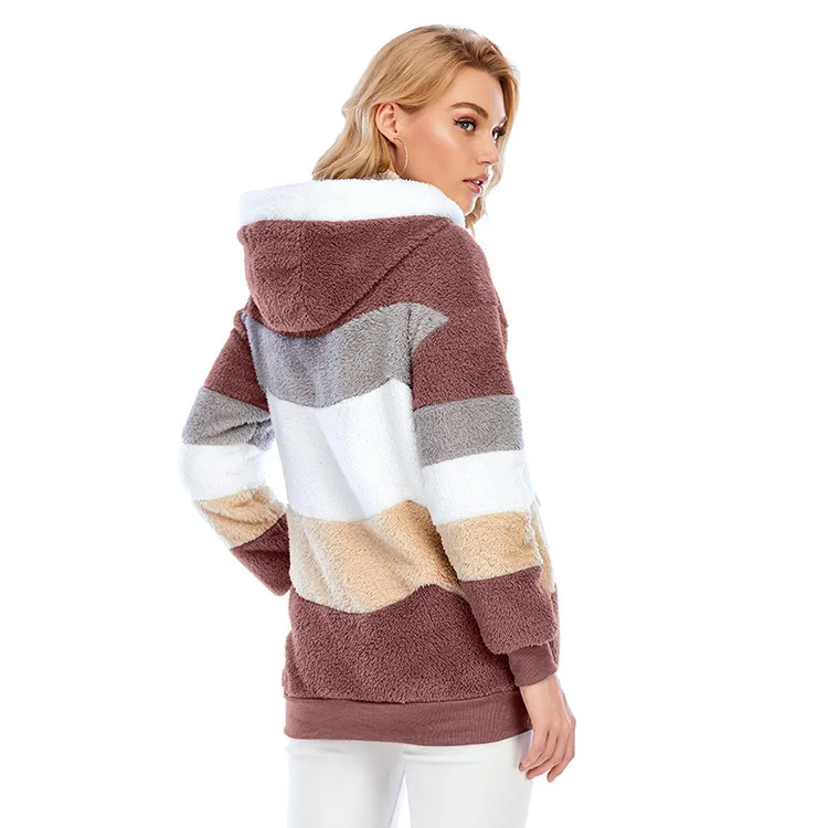 

Plus Size 5XL Women Jacket 2021New Warm Plush Casual Loose Hooded Coat Mixed Color Patchwork Winter Outwear Ladies Parka Coat