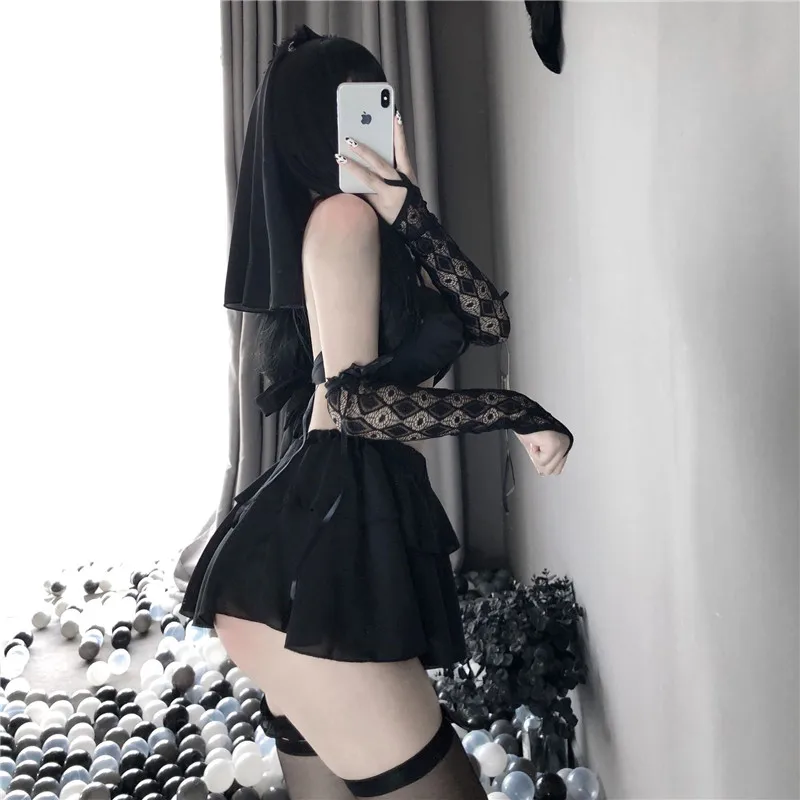 

Sexy Bride Cosplay Erotic Costume Women Gothic Bridal Uniform Temptation Lingerie Big Bowknot Bra Lace Skirt Wedding Dress