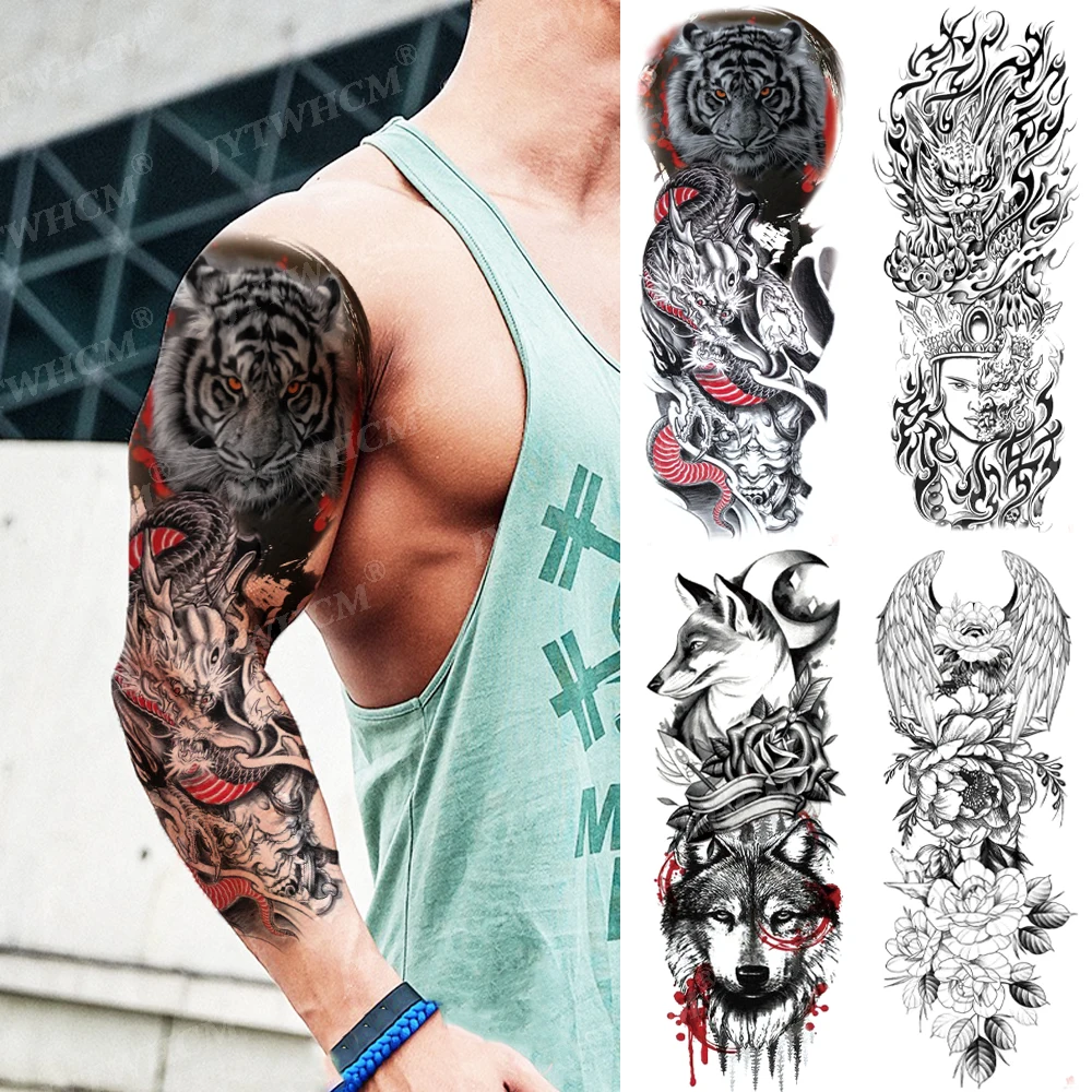 

Large Temporary Tattoo Sleeve Waterproof Arm Sticker For Men Lion Tiger Wolf Angel Wings Fake Tatoo Totem Flash Art Tatto Female