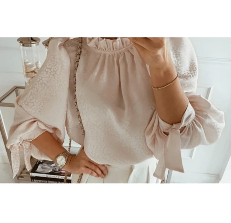 

Blouses Ladies Casual Apricot Long Sleeve Round Neck Autumn Elegant Work Wear Loose Elegant Female Solid Tops Women Blouse Shirt