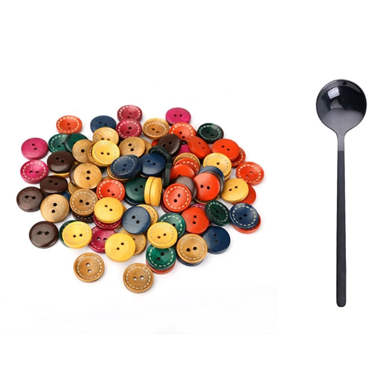 

100 шт. деревянные пуговицы для кукол, Детские пуговицы, деревянные пуговицы и 1 шт. кофейная ложка из нержавеющей стали 304