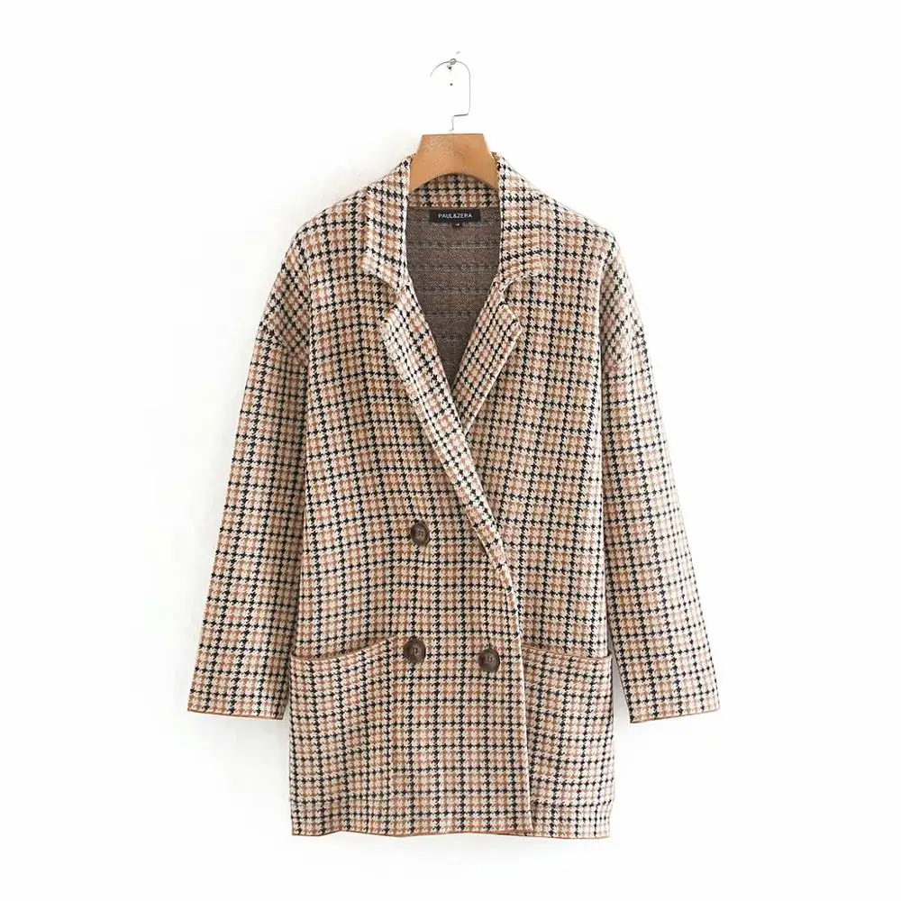 Женское зимнее вязаное пальто с узором гусиная лапка 2019 Модные свободные