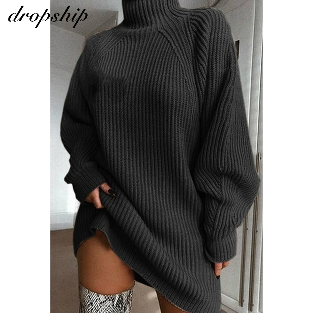 Dropship Turtleneck Long Sleeve Sweater Dress Women Autumn Winter Loose Knitted Casual Pink Gray Clothes Solid Dresses Warm Top | Женская