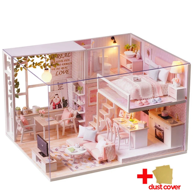 L022 with cover DIY Кукольный дом мебель миниатюрный кукольный дом пылезащитный чехол деревянный кукольный домик светильник для кукол игрушки ручной работы для детей# E - Цвет: L022 with cover