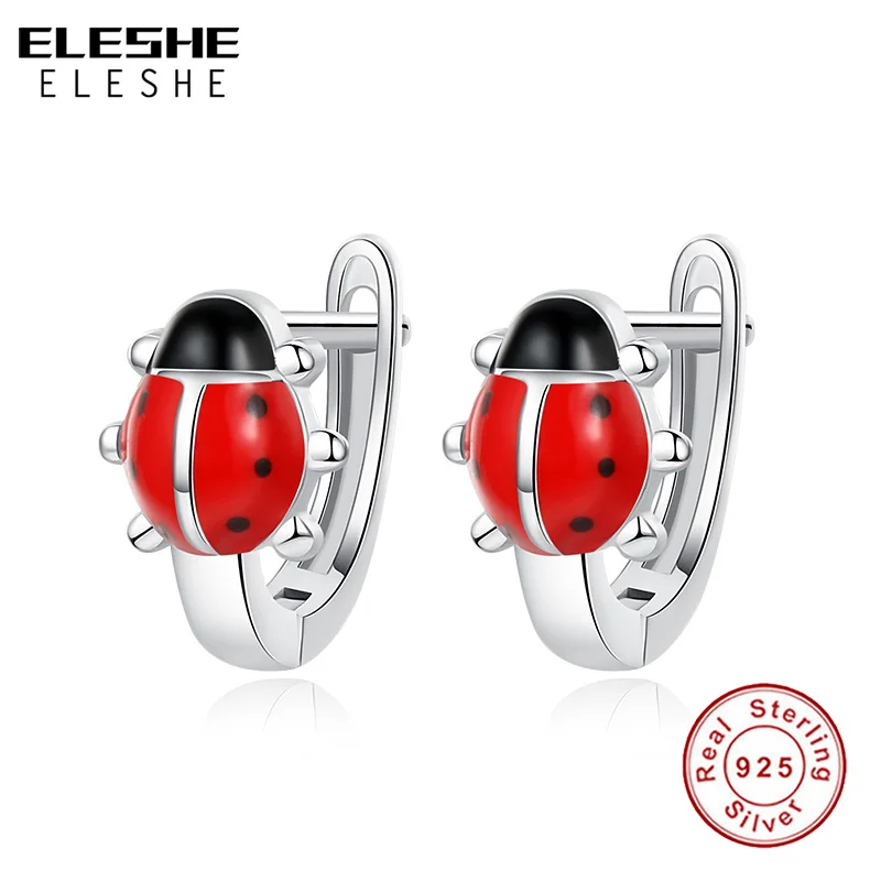 

ELESHE Оптовая 100% 925 пробы Серебряное кольцо с Красный эмалевая Божья коровка животных серьги для Тканные круглый круг обруч, серьги, пирсинг