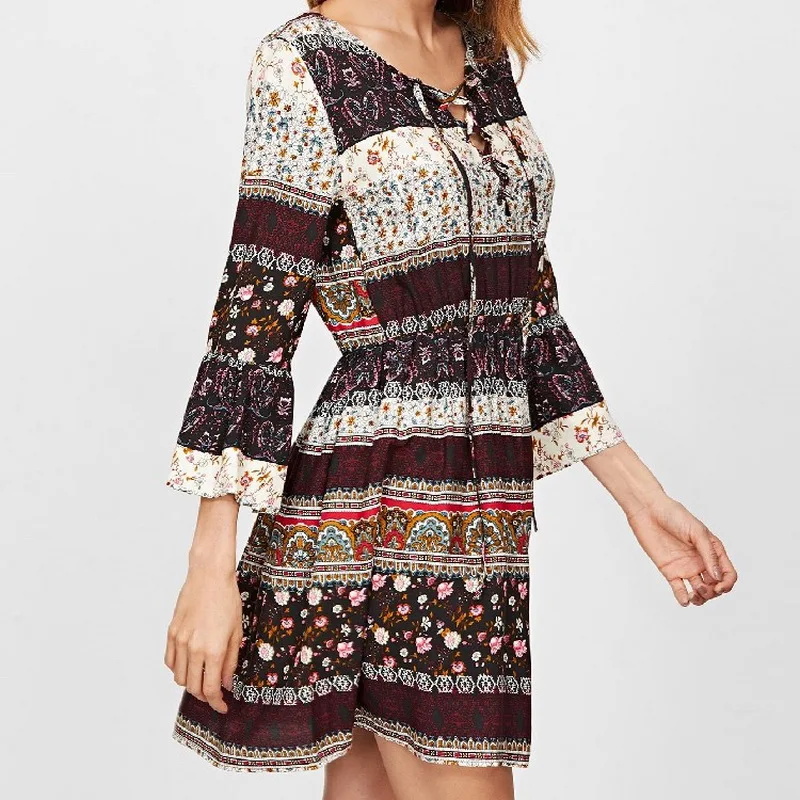 

Summer Floral Print Woman Sexy Three Quarter Flare Sleeve V-neck Lace Up Boho Mini Beach Dress Femme Vintage Ethnic Party Dress