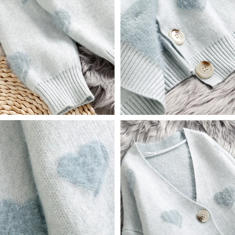 Hirsionsan Cashmere Sweater Women Autumn Winter Knitted Cardigans Kawaii Heart Loose Clothes Oversized Soft Warm Pull Femme