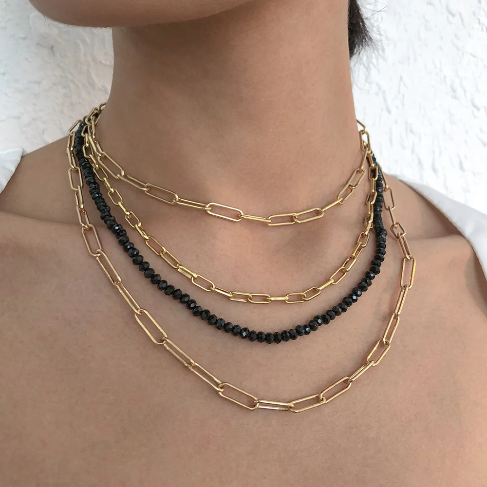 

Punk Style Gold Color Chains Necklaces for Women Black Glass Beads Clavicle Chain Layered Necklace Female 2021 Fashion Jewelry