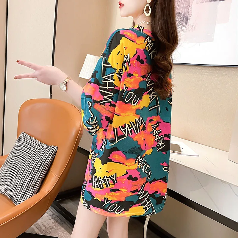 

CN T Shir Women 2021 Summer Casual O Neck Short Sleeve Women's Top Loose Fashion Print Straight Long Girls T Shirt M-XXL